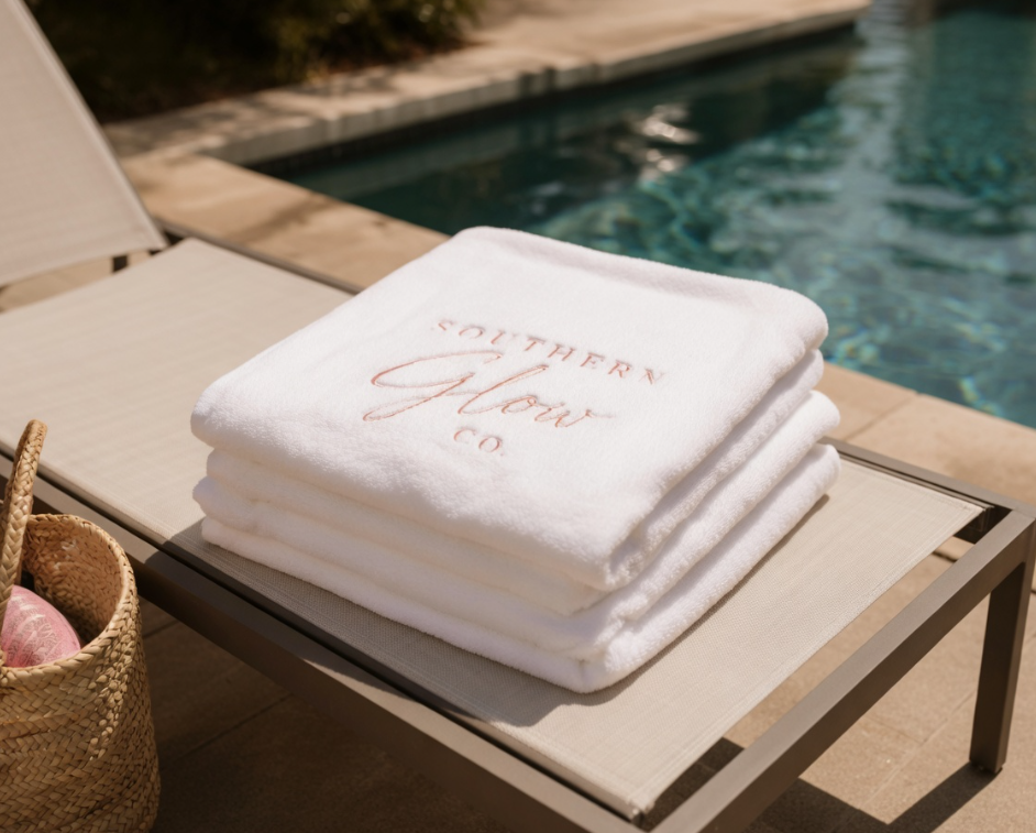 Southern Glow Co. branded towels poolside